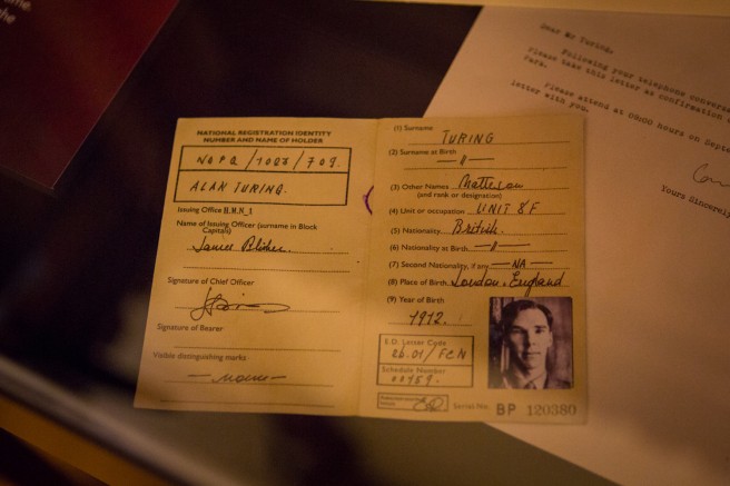 ID card of Alan Turing (played by Benedict Cumberbatch) in an exhibition about the movie "The Imitation Game" at Bletchley Park.